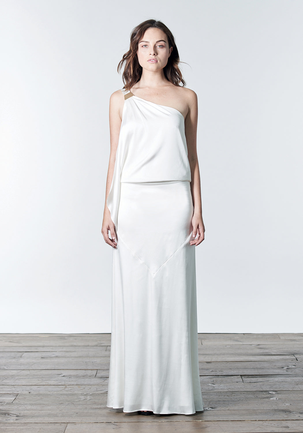 White, floor length, one-shoulder, stretch silk satin grecian bridesmaid dress gown.