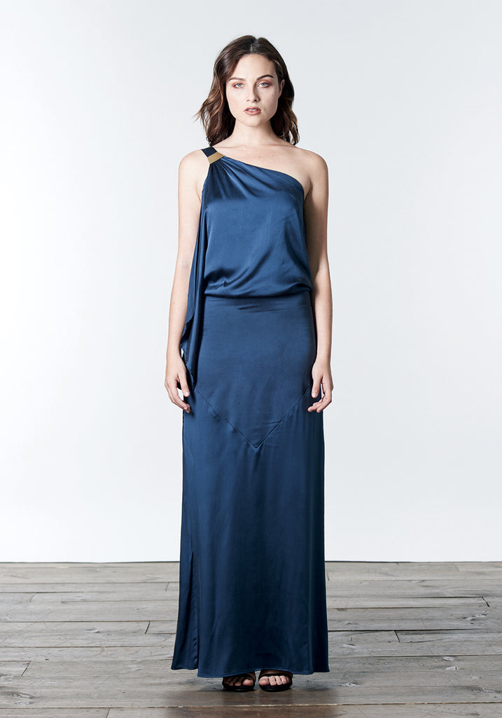 Dark navy blue, floor length, one-shoulder, stretch silk satin grecian bridesmaid dress gown.