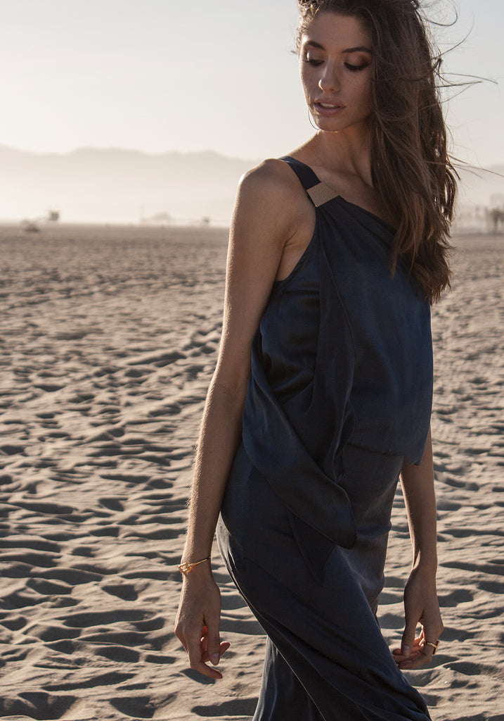 Dark navy blue, floor length, one-shoulder, stretch silk satin grecian bridesmaid dress gown.