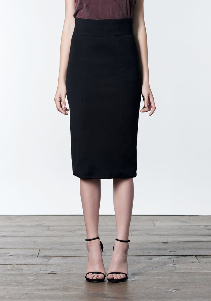 Black wool tencel pencil skirt with back zipper details.