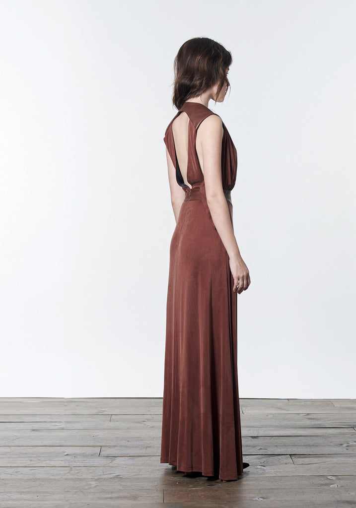 Long, winter maxi dress in brown, cognac color that can be dressed up and worn as a gown to black tie or other evening event or dressed down for daytime looks.