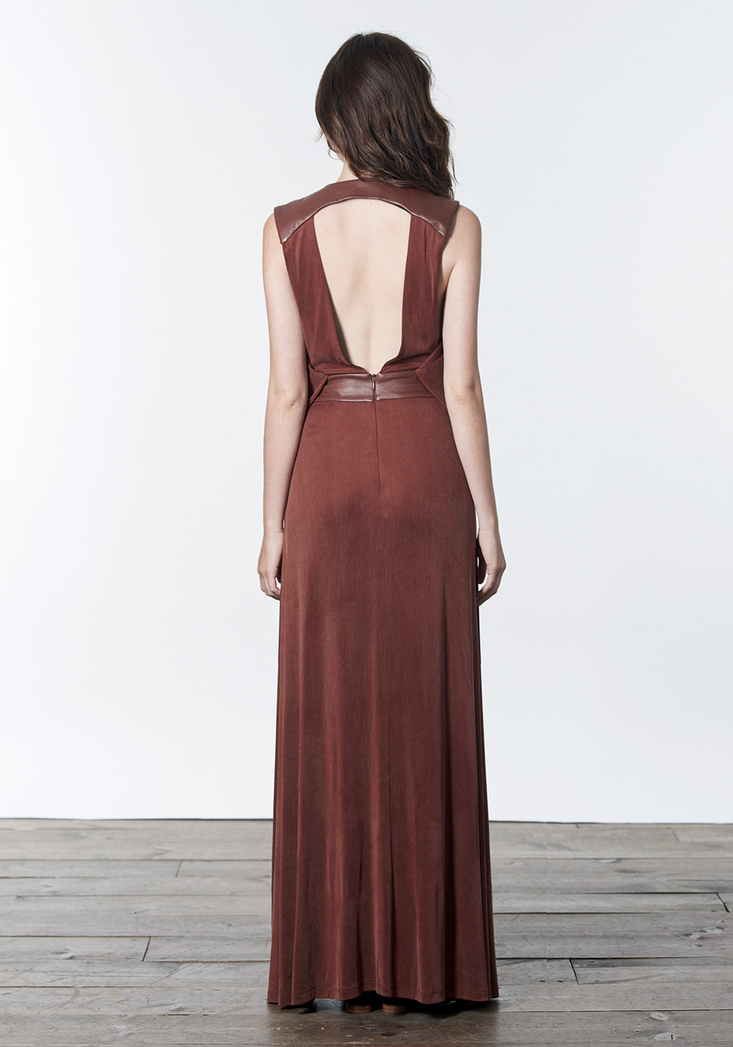 Long, winter maxi dress in brown, cognac color that can be dressed up and worn as a gown to black tie or other evening event or dressed down for daytime looks.