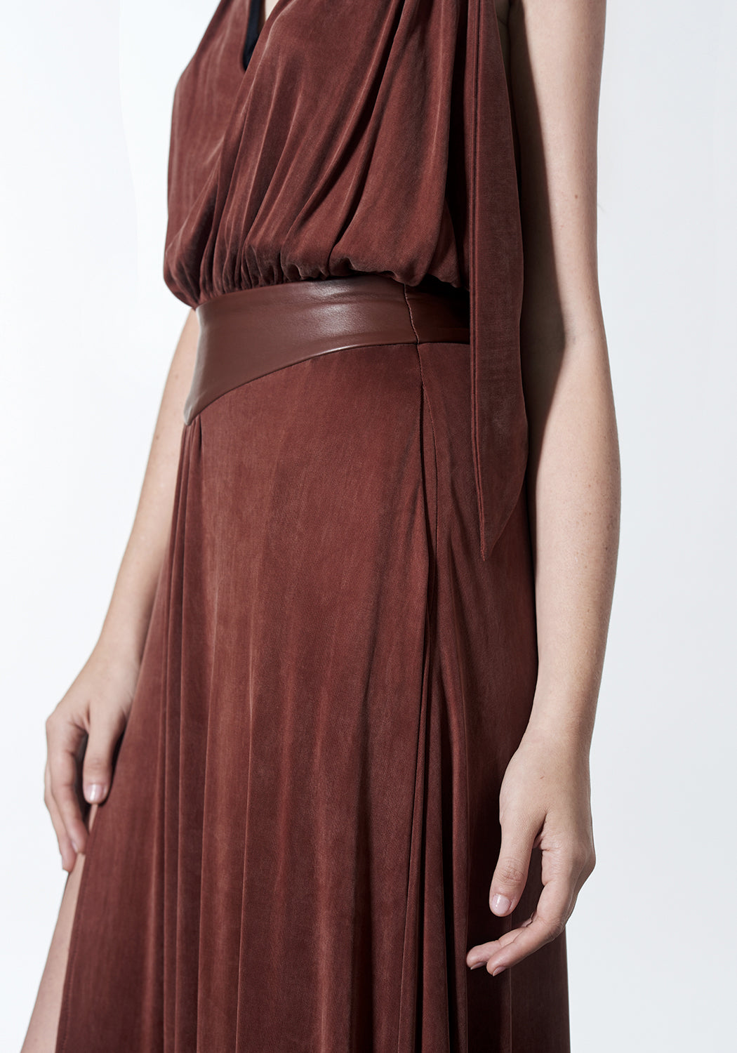 Long, winter maxi dress in brown, cognac color that can be dressed up and worn as a gown to black tie or other evening event or dressed down for daytime looks.