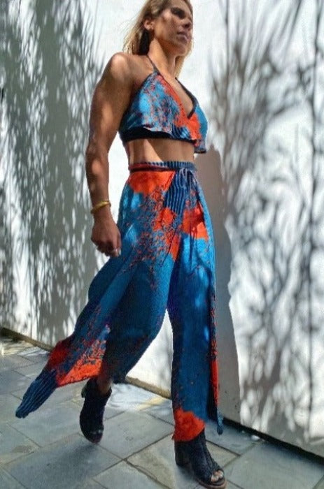 Reversible crop top with matching wrap pant.