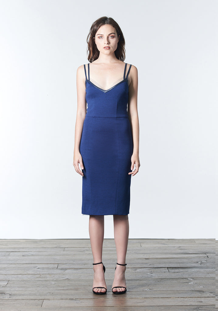 Fall, Autumn, Winter cocktail dress made of wool and rayon with leather and silk mesh trim in blue azure color
