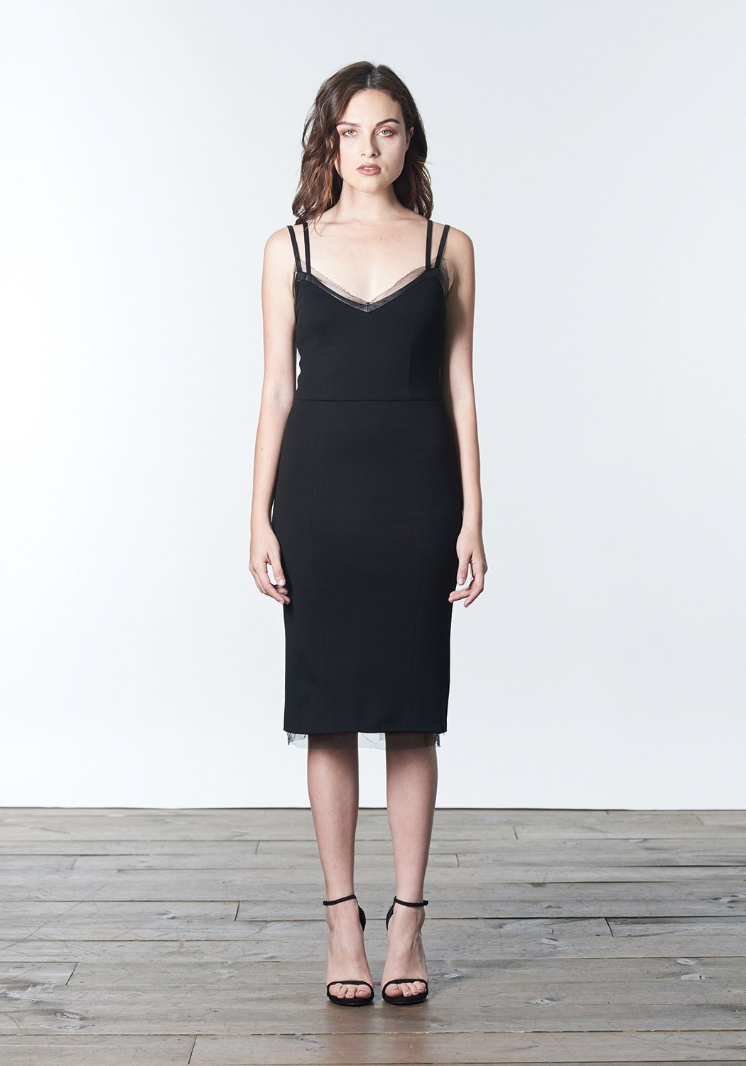 Fall, Autumn, Winter cocktail "little black dress" made of wool tencel with leather and silk mesh trim.