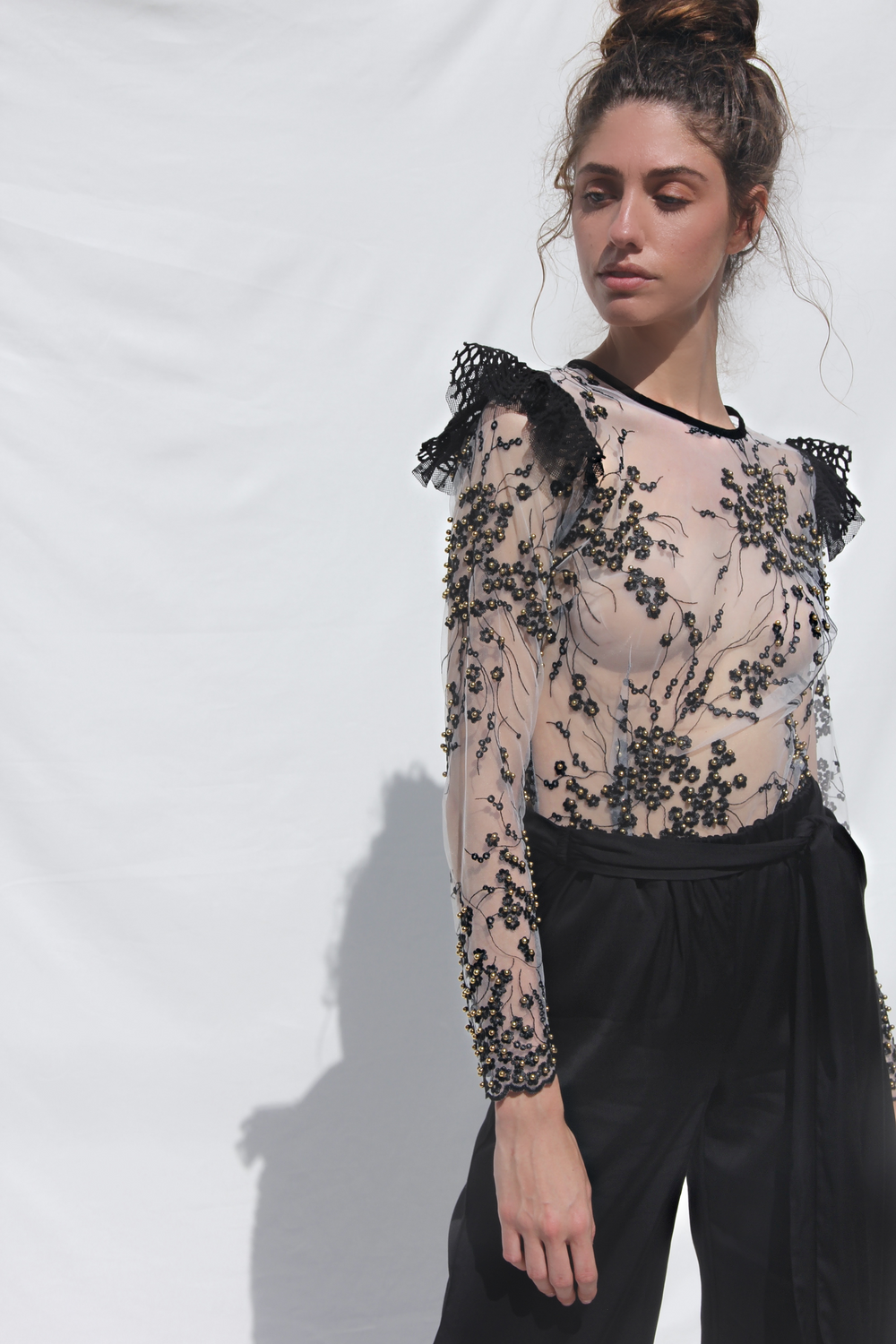 evening, cocktail and special occasion mesh top with embroidery and studs