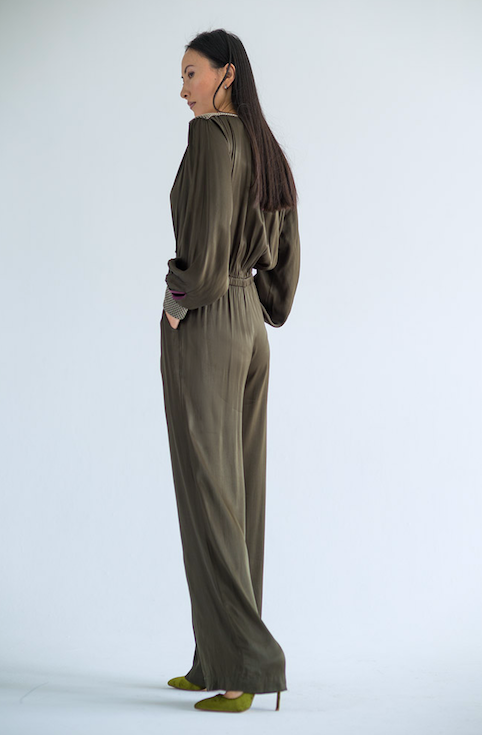 woman's olive long sleeve jumpsuit