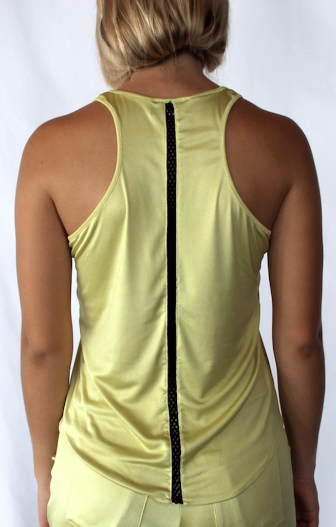 yellow racer back tank top with black honeycomb knit stripe in back.