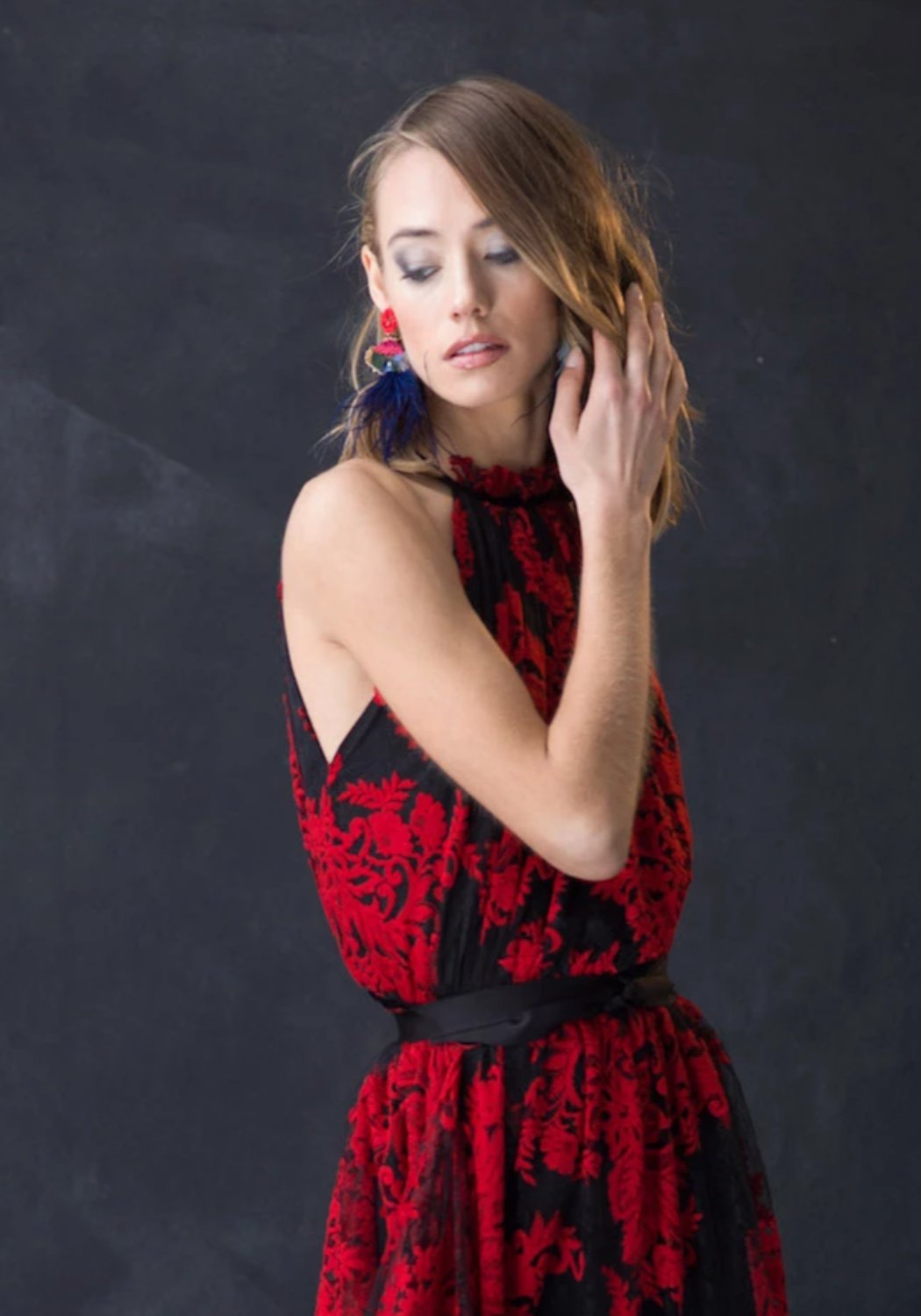 MARCELLA Red Embroidered Lace Halter Dress