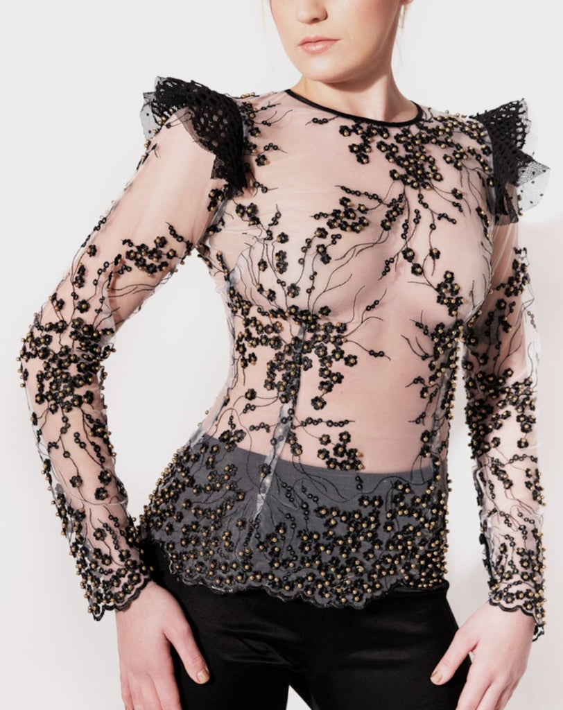 evening, cocktail and special occasion mesh top with embroidery and beads