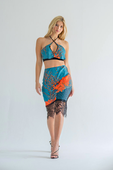 Teal and orange floral bias skirt.