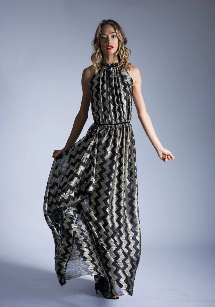 MARCELLA Black and Gold Zig Zag Halter Dress