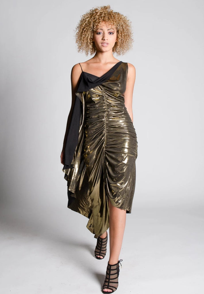 Margot A-Symmetrical Shirring Gold Dress