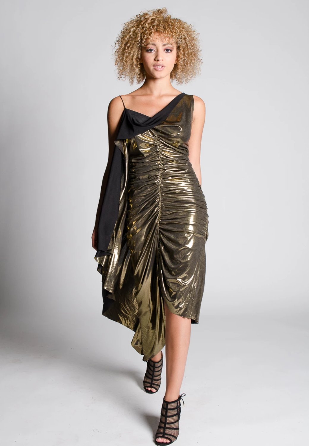 Margot A-Symmetrical Shirring Gold Dress