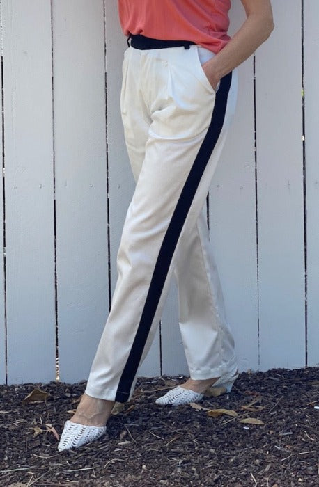 Women's white cotton twill Tuxedo like pant