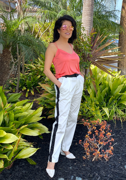 salmon silk tank and white tux pant