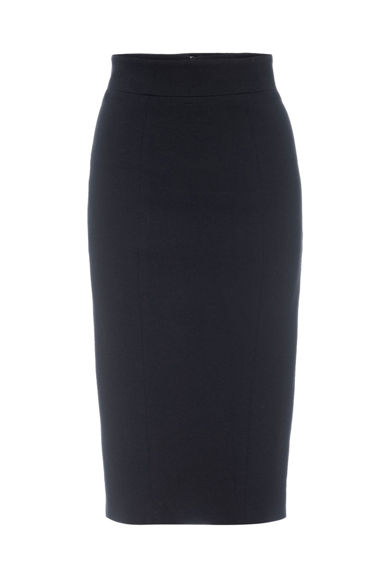 Black wool tencel pencil skirt with back zipper details.