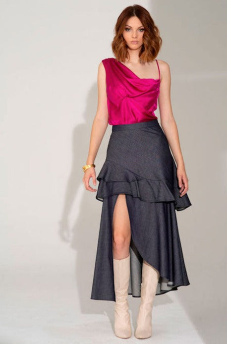 Woman's long denim skirt with detachable length