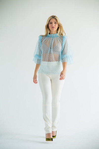 Blue Pants With White And Blue Dotted Blouse