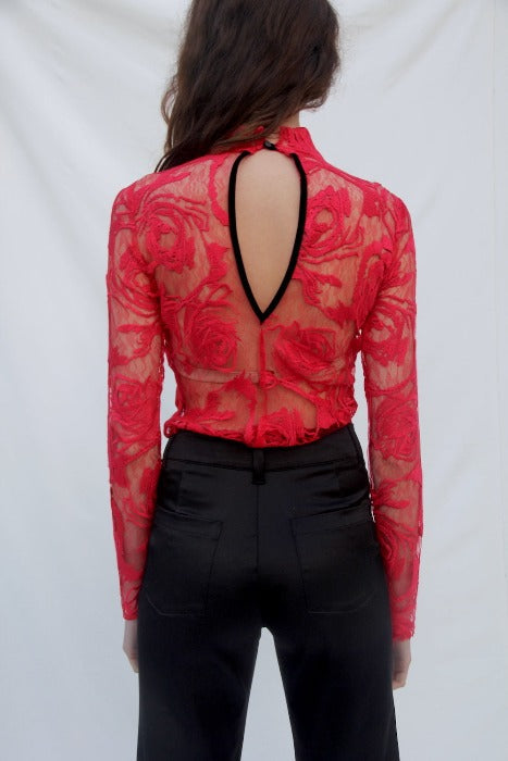 Ladies red lace and embroidered top