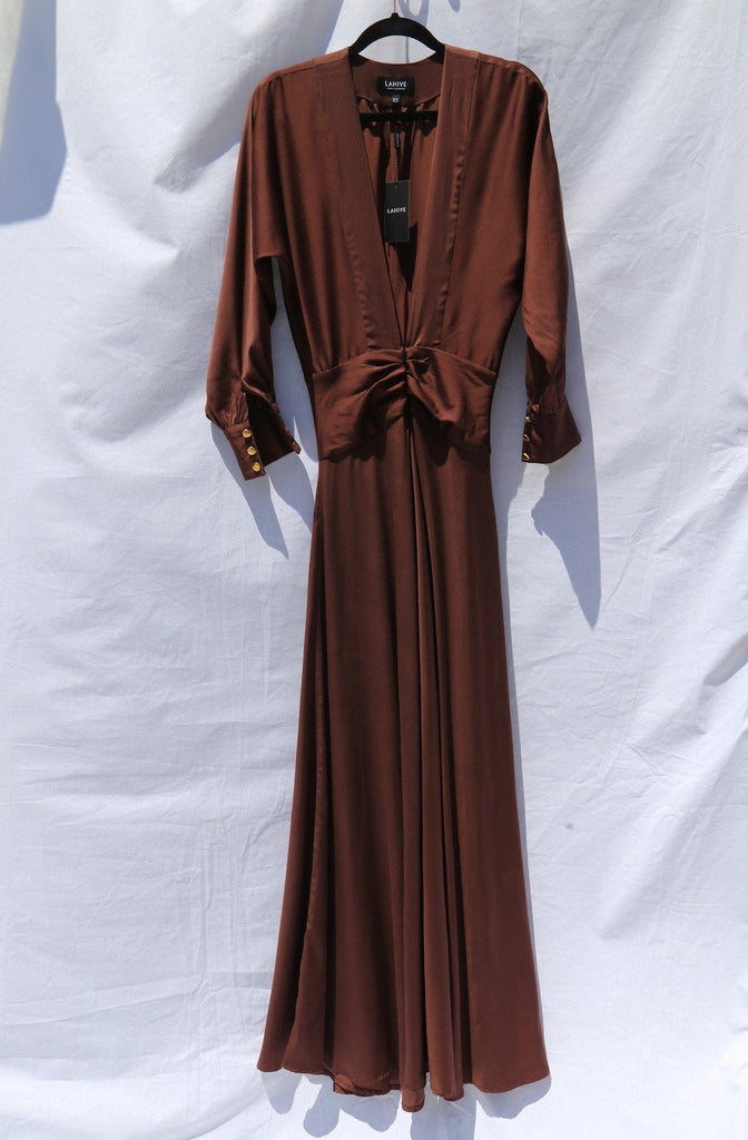 long merlot gown with low v-neck and sleeves