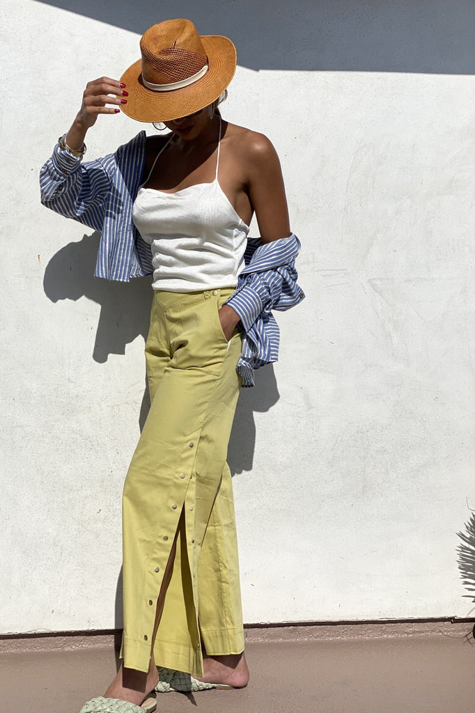yellow wide leg pant and striped top