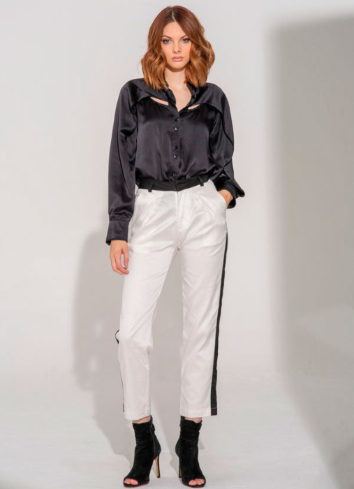 woman's white tuxedo pant